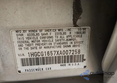 1999 Honda Accord Ex V6 from USA, damaged, VIN 1HGCG1657XA007258